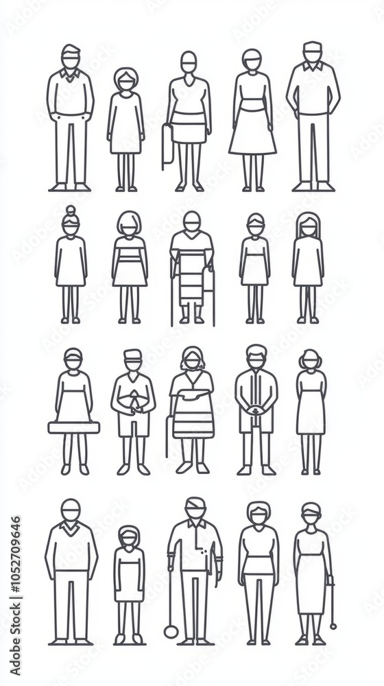 Diverse Line Art Characters Representing Different Ages and Professions Diverse Line Art Characters Representing Different Ages and Professions