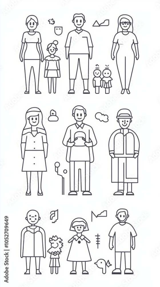 Vector Line Art Illustrations of Diverse Characters Vector Line Art Illustrations of Diverse Characters