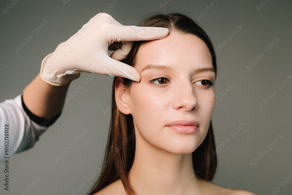 Naklejka premium Portrait of woman getting prepared for plastic surgery procedures. Correcting the shape of the forehead. Contour plastic treatment for beautiful shape of the face.