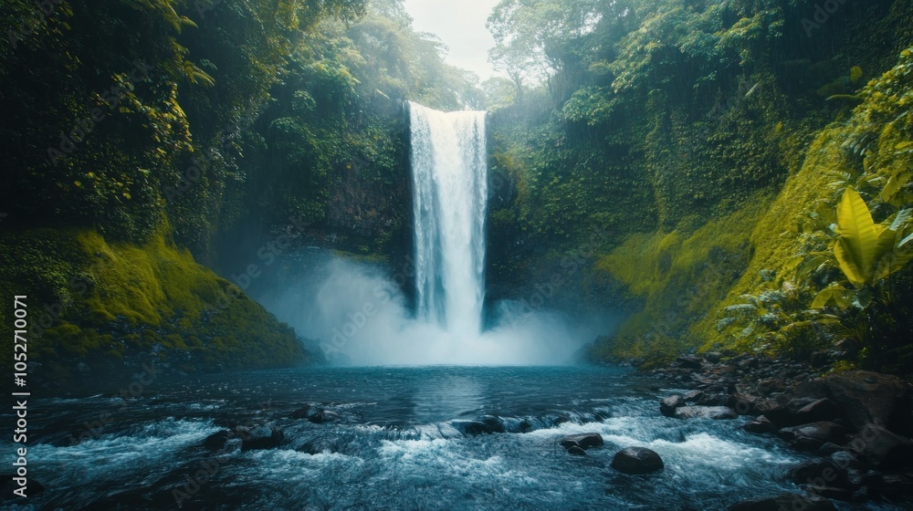 A majestic waterfall cascades down a rocky cliff, surrounded by lush greenery. A majestic waterfall cascades down a rocky cliff, surrounded by lush greenery.