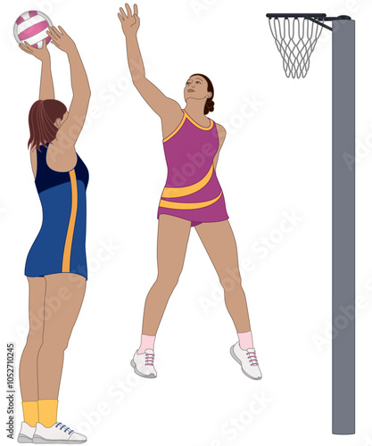netball, female goal shooter prepares to shoot ball, while opposing goal keeper defends their goal ring isolated on a white background