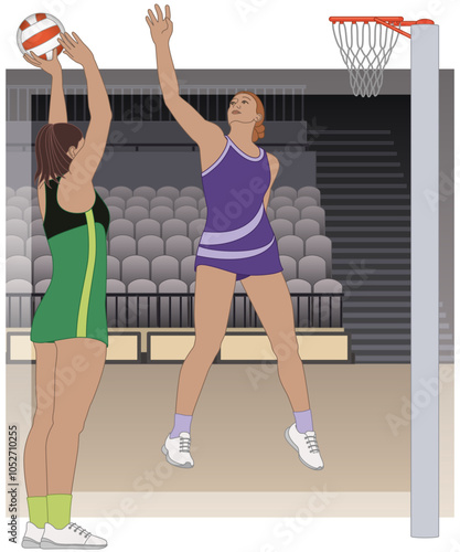 netball, female goal shooter prepares to shoot ball, while opposing goal keeper defends their goal ring with indoor background