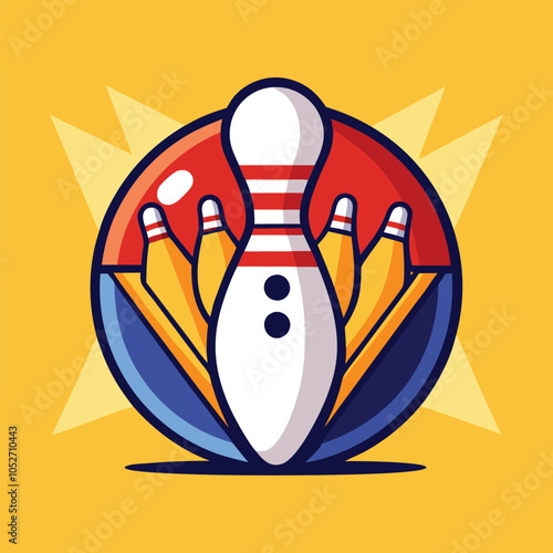 Colorful illustration of bowling pins and ball.