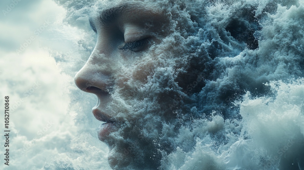 A man face emerges through a turbulent sea of clouds during a dramatic twilight moment A man face emerges through a turbulent sea of clouds during a dramatic twilight moment