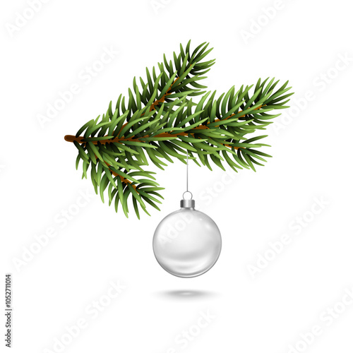 Christmas tree ball with silver ribbon and green fir branche isolated on white background. Vector transparent glass xmas ornament, pine evergreen plant element template