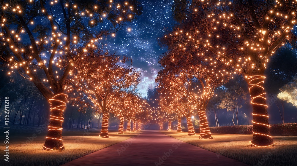 Glittering festival lights wrapped around trees lining a pathway under a starlit sky Glittering festival lights wrapped around trees lining a pathway under a starlit sky
