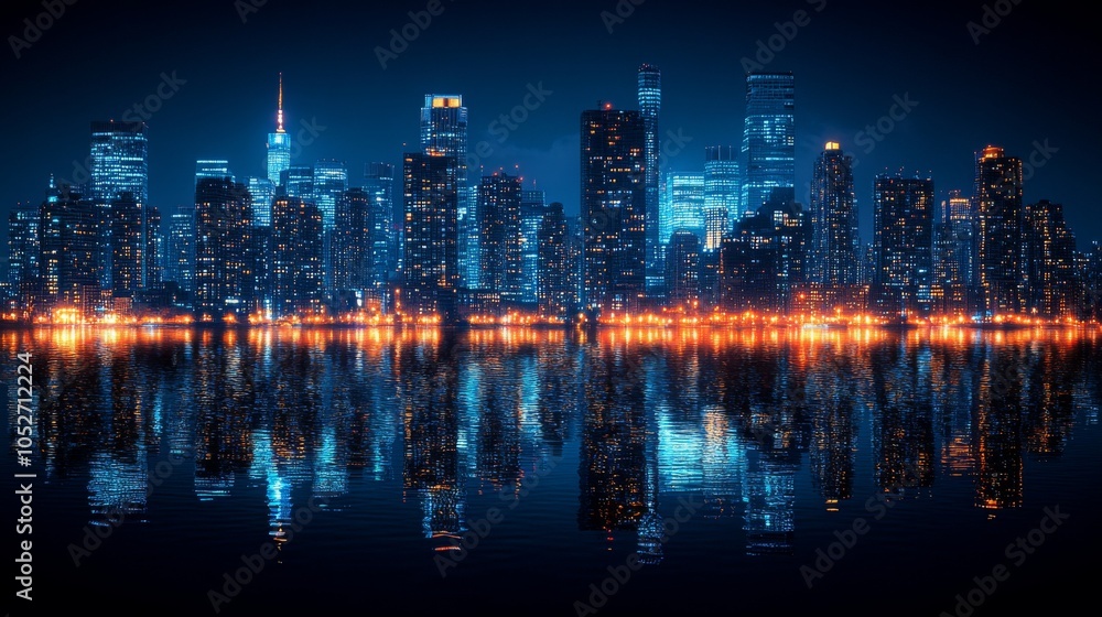A striking double exposure silhouette filled with a vibrant city skyline at night on the water A striking double exposure silhouette filled with a vibrant city skyline at night on the water