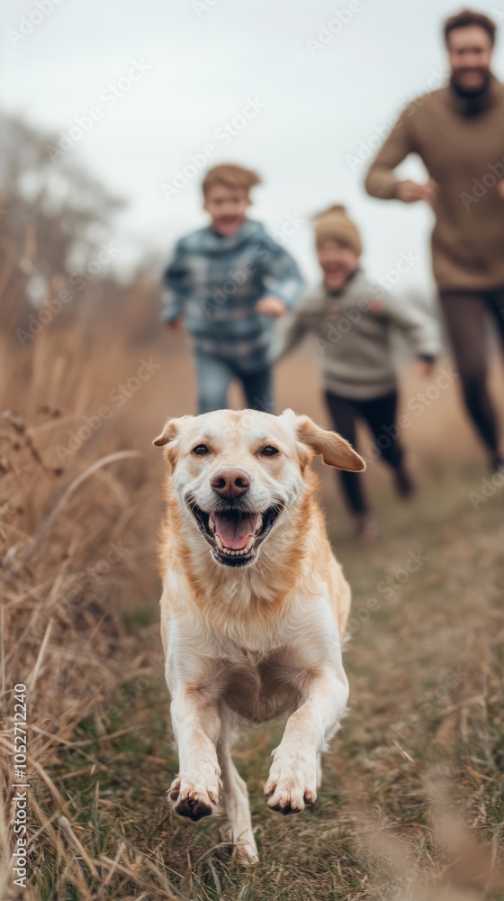 Happy Family Running with Dog in Nature Happy Family Running with Dog in Nature
