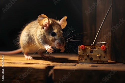 Gray rat near a mousetrap. A rodent with ears, a domestic pest. Concept: free cheese in mousetraps. photo