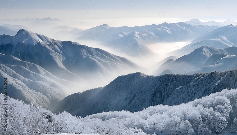 Fototapeta premium Stunning winter mountain collage with white and gray layers featuring snow-covered peaks and valleys. Generative AI