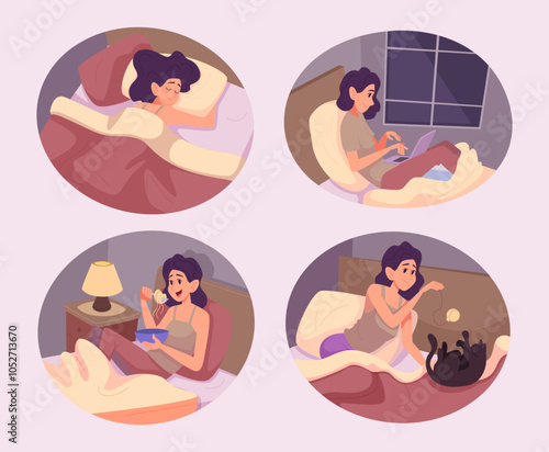 Woman in bed. People sleeping and relaxing in bed or sofa watching tv reading and dreaming exact vector characters in action poses