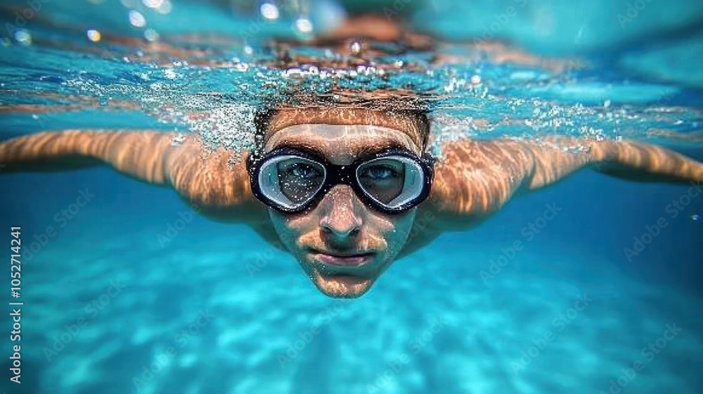 Naklejka premium Underwater View of a Swimmer Wearing Goggles