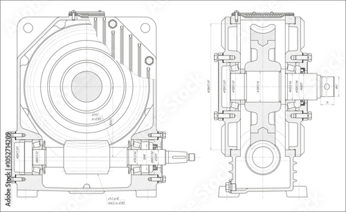 Assembly drawing of electrical reducer.
Vector design of steel mechanical device with shaft, worm gear, 
electric engine, bolt connection and dimension lines.
Engineering technic computer cad scheme.