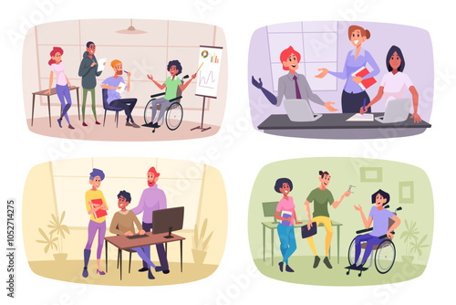 Inclusive workers. Disability people at working place connection with other persons exact vector inclusivity concept illustrations