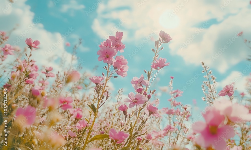 Beautiful close-up view of pink flowers on a field, with a sunny blue sky and clouds Beautiful close-up view of pink flowers on a field, with a sunny blue sky and clouds