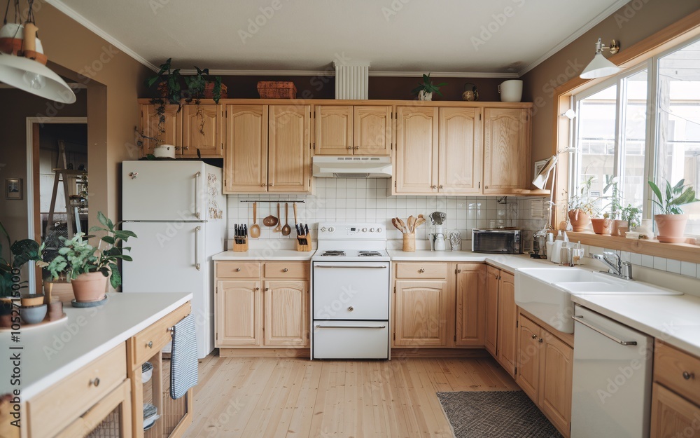 A kitchen with white appliances, wooden cabinets, and a farmhouse sink. A kitchen with white appliances, wooden cabinets, and a farmhouse sink.