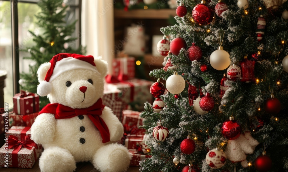 Beautifully decorated Christmas tree, Christmas gifts, teddy white bear Beautifully decorated Christmas tree, Christmas gifts, teddy white bear