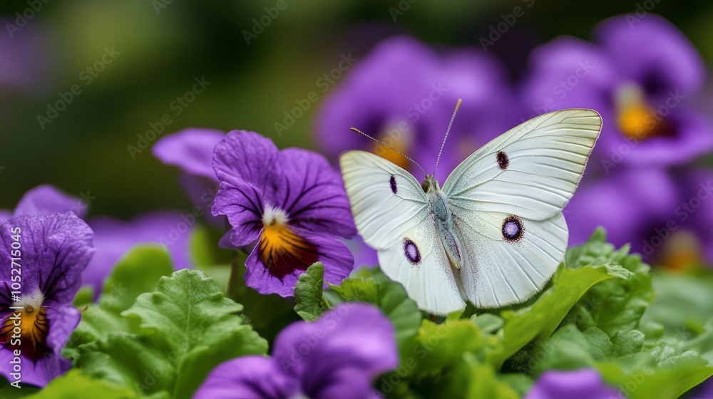 White Butterfly on Purple Pansy Flowers in a Garden Setting White Butterfly on Purple Pansy Flowers in a Garden Setting