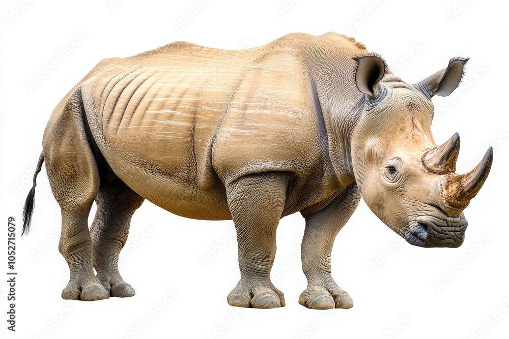 Obraz premium A rhinoceros stands prominently in the center, showcasing its distinct features. The animal appears calm and alert, highlighting its robust physique and characteristic horn.