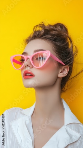 Fashionable Young Woman with Pink Sunglasses Against Yellow Background