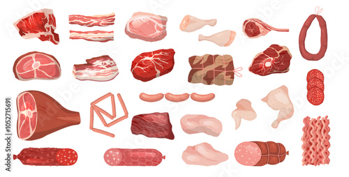 Butchery food. Bacon bbq pork beef and sausages recent vector meat top view illustration set