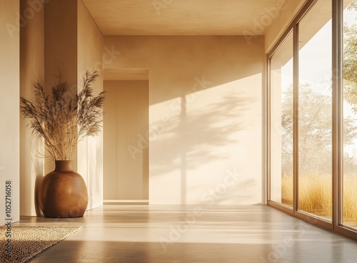 A large vase with brown flowers sits in a room with white walls and a large window. The room is empty and has a lot of natural light coming in through the window