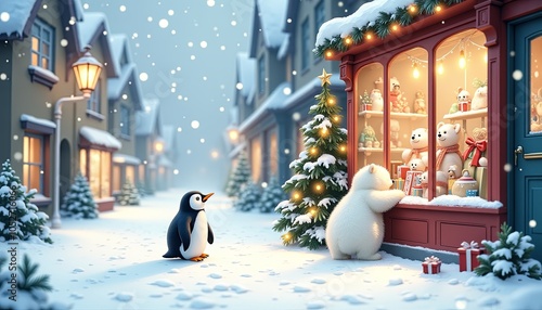 Polar bear cub admiring christmas toys in shop window display with penguin watching