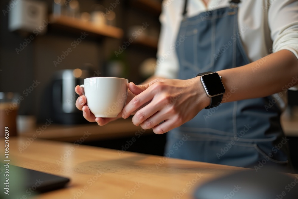 Barista holding a white cup in a modern coffee shop, representing craftsmanship, service, and a welcoming atmosphere Barista holding a white cup in a modern coffee shop, representing craftsmanship, service, and a welcoming atmosphere