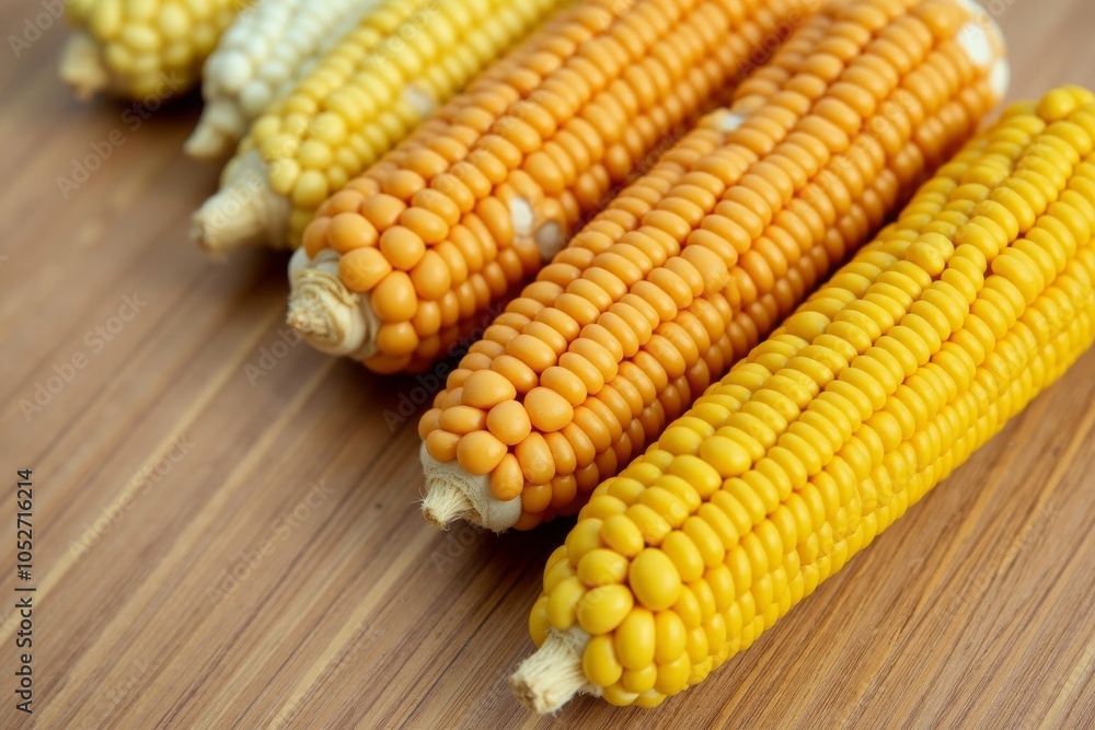 Multiple rows of orange and yellow corn cobs arranged on a wooden background, representing natural abundance and the autumn harvest season. Perfect for themes of agriculture and Thanksgiving