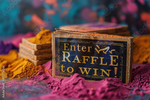 A vibrant golden raffle ticket with bold text, surrounded by colorful swirling powders. photo