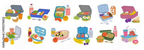 Lunchbox. Containers with snacking products sandwiches salads and fruits recent vector pictures set