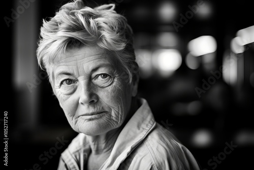 Portrait of an elderly woman looking at the camera. Black and white.