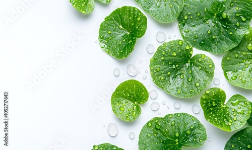 Wallpaper Mural Centella asiatica leaves close up with rain drop on white background, top view Torontodigital.ca
