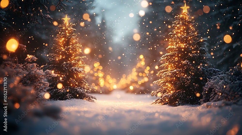 Naklejka premium Beautiful glowing christmas lights in snowy winter wonderland creating magical wallpaper