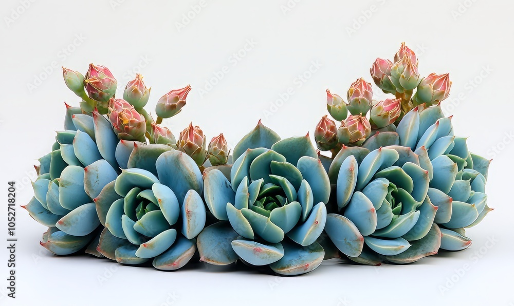 Close up of a cluster of blue Echeveria succulents with flower buds arranged in a crown formation Close up of a cluster of blue Echeveria succulents with flower buds arranged in a crown formation