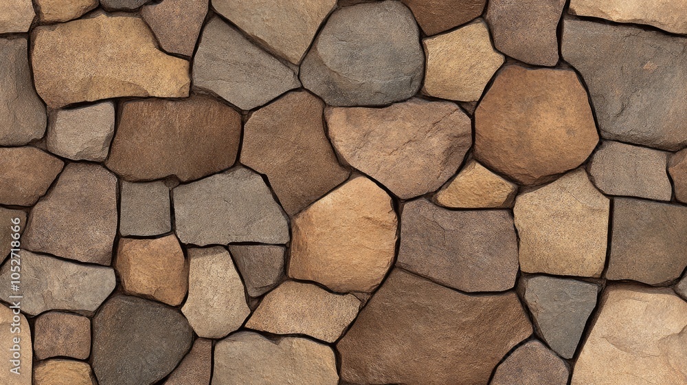 The wall features an intricate arrangement of large, flat stones, blending earthy tones for a natural and rustic appearance SEAMLESS PATTERN The wall features an intricate arrangement of large, flat stones, blending earthy tones for a natural and rustic appearance SEAMLESS PATTERN