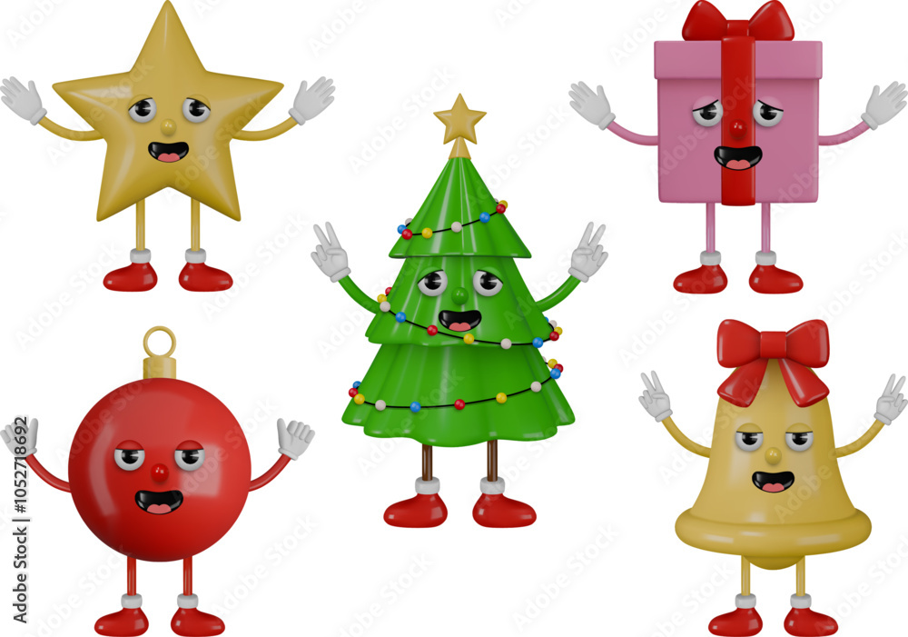 Fototapeta premium isolated christmas 3d characters. collection of funny 3d cartoon christmas elements. groovy 3d star, christmas tree, gift box, christmas ball and bell
