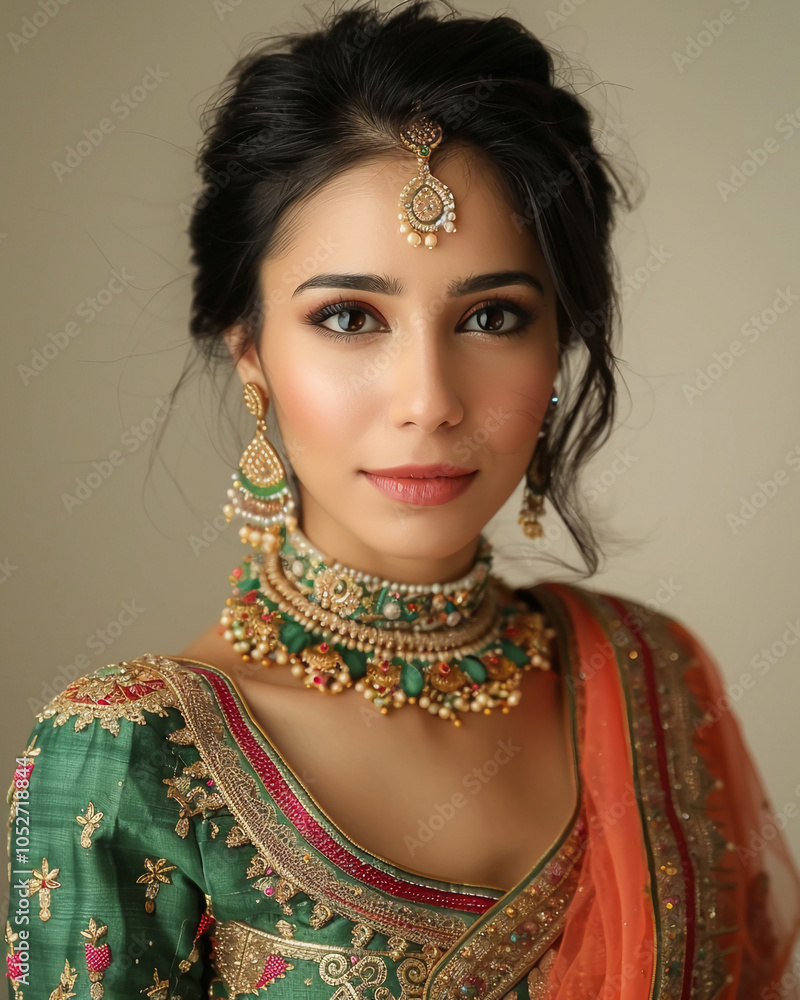 A woman wearing traditional Indian jewelry and clothing smiles for a portrait
A woman wearing traditional Indian jewelry and clothing smiles for a portrait