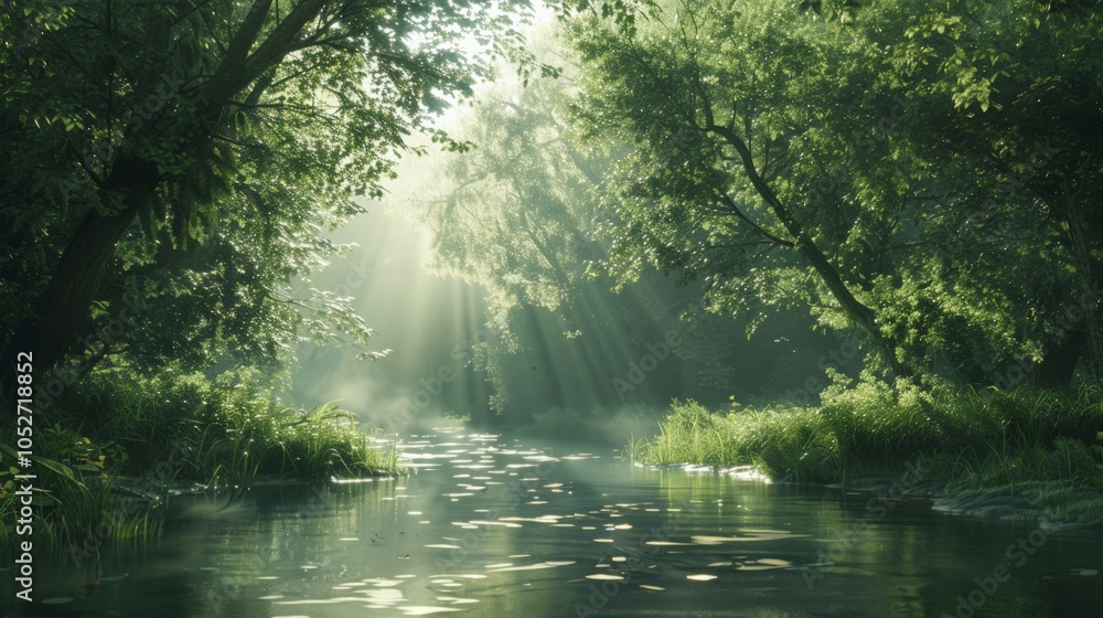 Serene Forest Stream with Sunlight Rays Serene Forest Stream with Sunlight Rays