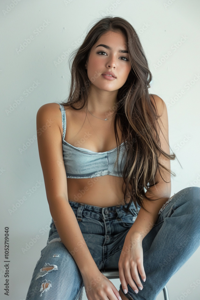 A woman with long brown hair sits on a chair wearing a denim top and ripped jeans
