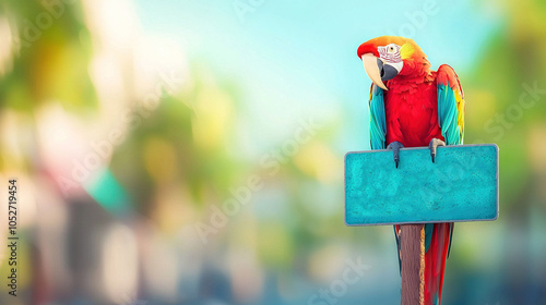  A vibrant parrot perched atop a sign with Magnis written on its side photo