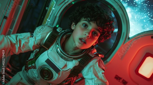 Middle Eastern boy in space explorer suit overlooking the galaxy