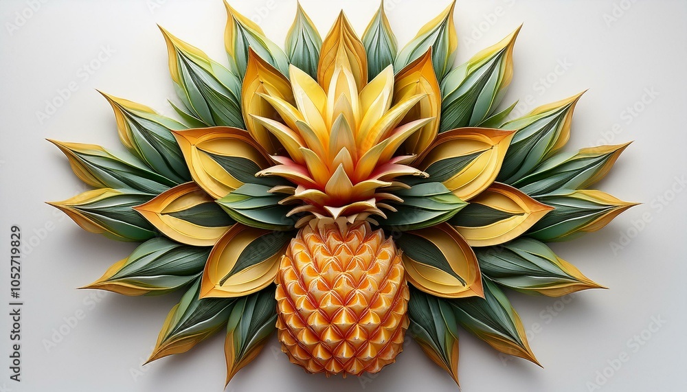 Fototapeta premium A top-down view of a pineapple with vibrant leaves spreading outward in a star shape, isolat