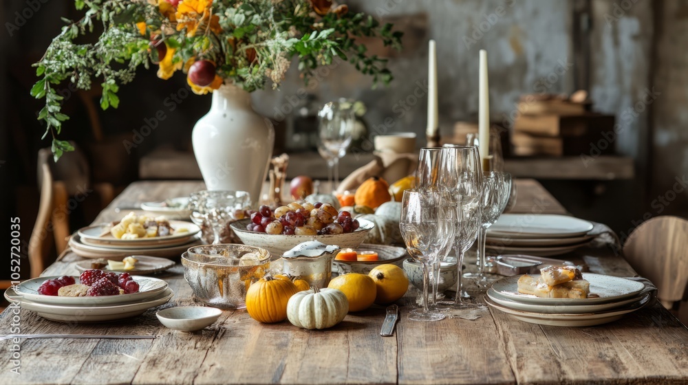 Fototapeta premium Rustic Autumn Dinner Table Setting with Festive Decor and Seasonal Fruits