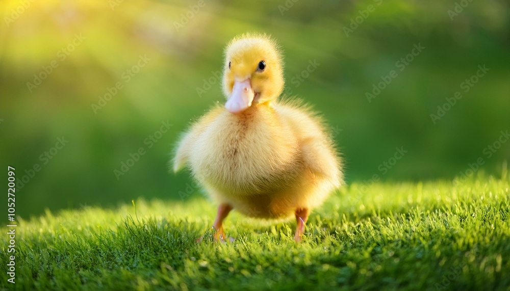 Close-up of a yellow duckling standing on a soft, grassy surface, with gentle sunlight illum Close-up of a yellow duckling standing on a soft, grassy surface, with gentle sunlight illum