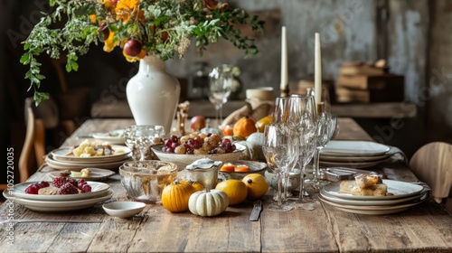 Rustic Autumn Dinner Table Setting with Festive Decor and Seasonal Fruits