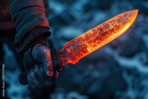 A hand holds a glowing, red-hot knife with flames reflecting off the blade, in a dramatic scene. Free copy space for text.