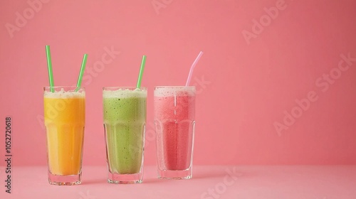  A set of three glasses containing various beverages arranged on a pink surface beside one another