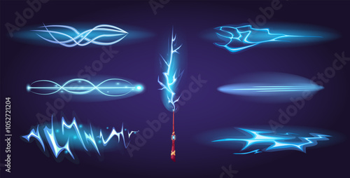 Magic wand effects. Various light attack effects of magician stick. Wizard sorcerer witch staff energy glowing smash, cartoon nowaday vector set