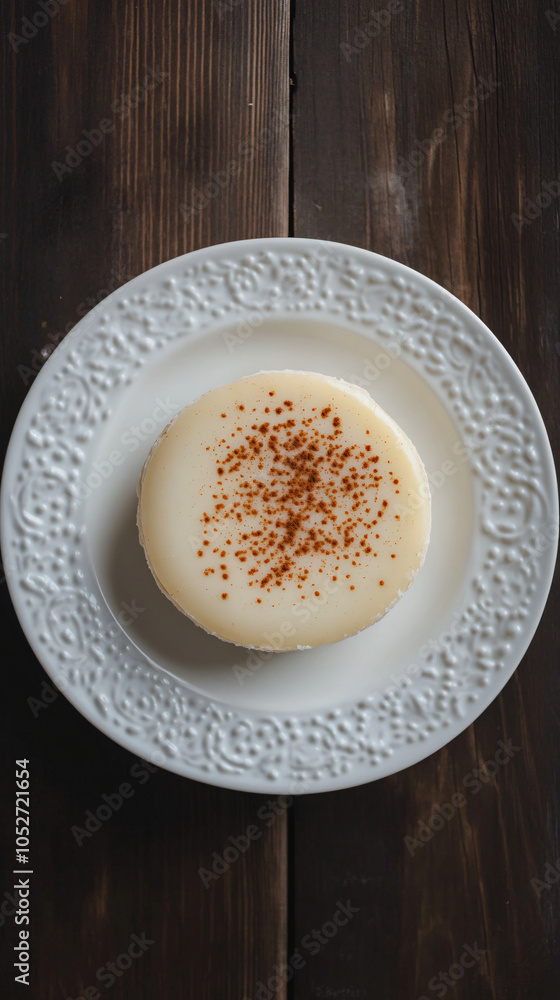 Brazilian dessert queijo coalho served with cinnamon powder on a white plate, placed on a wooden table Brazilian dessert queijo coalho served with cinnamon powder on a white plate, placed on a wooden table